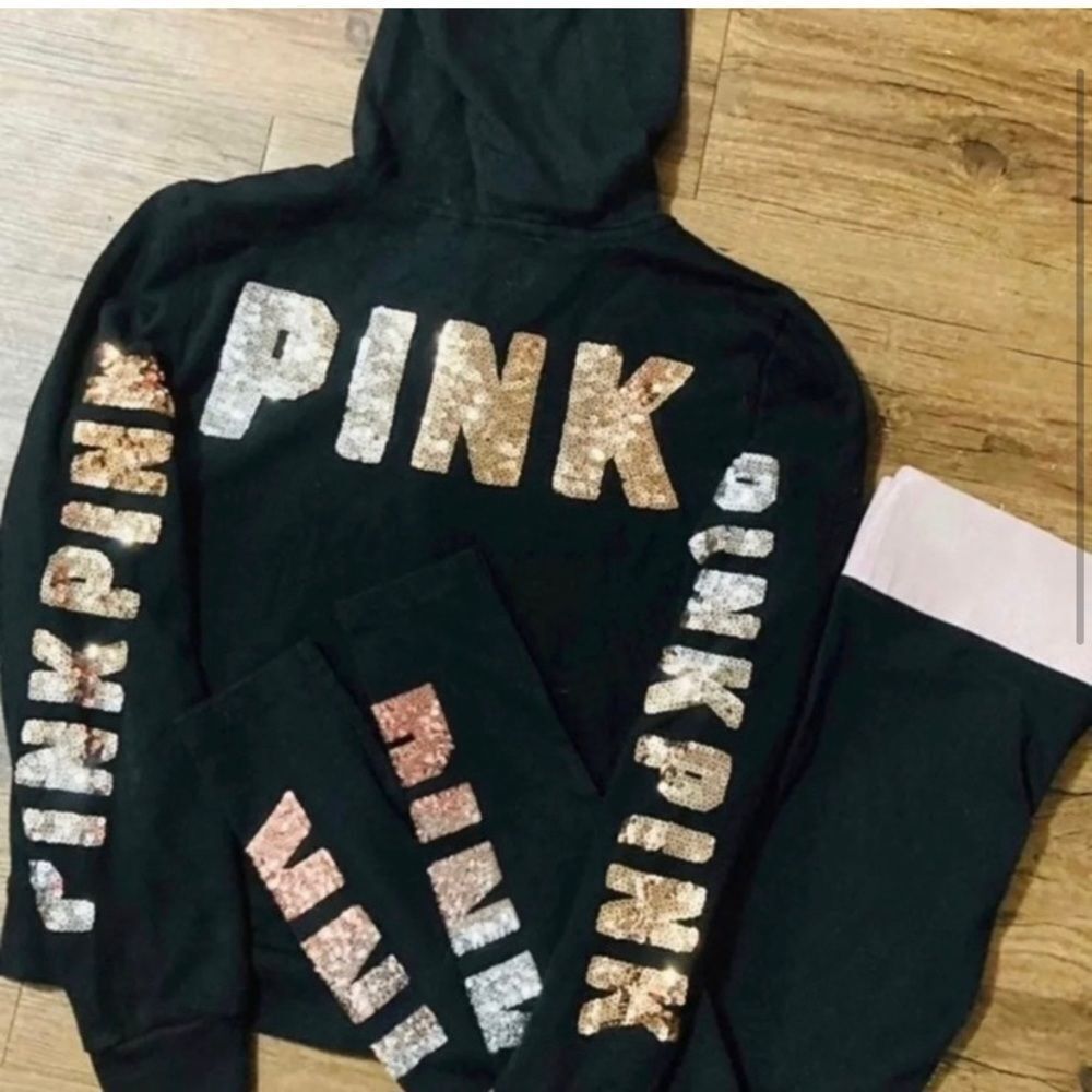 VS PINK OMBRÉ BLING HOODIE WITH YOGA LEGGINGS OUTFIT SET XS